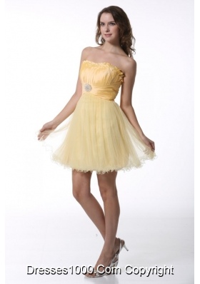 Light Yellow Strapless Mini-length Prom Dress For Graduation Party