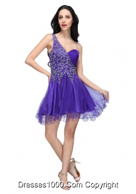 Most Sexy Purple One Shoulder Beading Tulle Prom Cocktail Dress