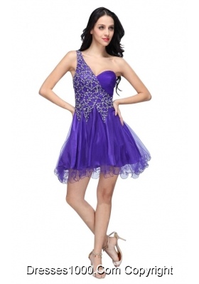 Most Sexy Purple One Shoulder Beading Tulle Prom Cocktail Dress