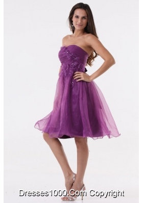 Lovely Purple Strapless Appliques Organza Knee-length Prom Dress