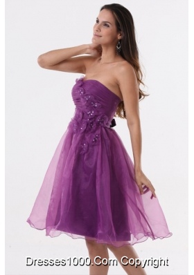 Lovely Purple Strapless Appliques Organza Knee-length Prom Dress