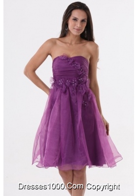 Lovely Purple Strapless Appliques Organza Knee-length Prom Dress