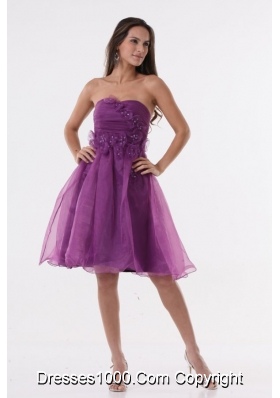 Lovely Purple Strapless Appliques Organza Knee-length Prom Dress