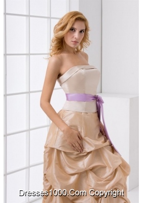 Strapless Taffeta Champagne Prom Dress with Sashes and Pick Ups