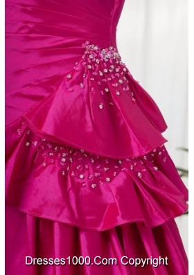 Fuchsia High Low Ruching Bowknot Taffeta Prom Gown Dress