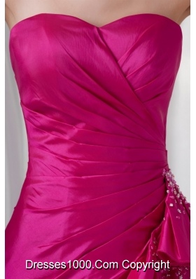 Fuchsia High Low Ruching Bowknot Taffeta Prom Gown Dress