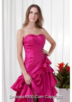 Fuchsia High Low Ruching Bowknot Taffeta Prom Gown Dress