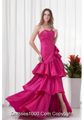 Fuchsia High Low Ruching Bowknot Taffeta Prom Gown Dress