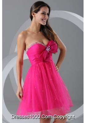 Lovely Hot Pink Beading and Ruching Knee-length Prom Dress