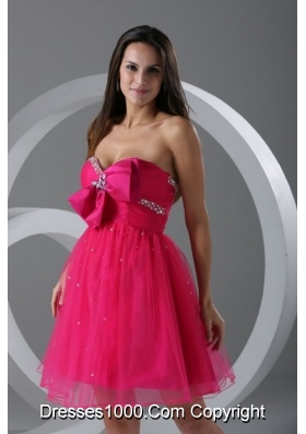 Lovely Hot Pink Beading and Ruching Knee-length Prom Dress