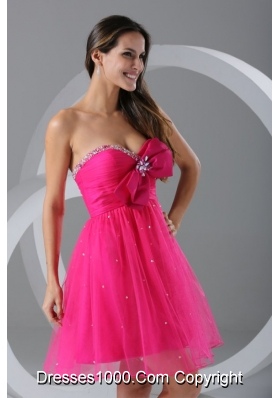 Lovely Hot Pink Beading and Ruching Knee-length Prom Dress