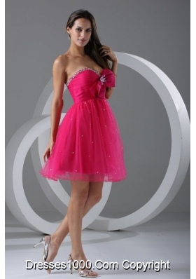 Lovely Hot Pink Beading and Ruching Knee-length Prom Dress