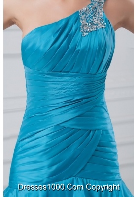 Wonderful One Shoulder Taffeta Beading Ruching Blue Prom Dress