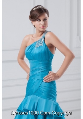 Wonderful One Shoulder Taffeta Beading Ruching Blue Prom Dress