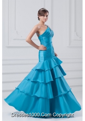 Wonderful One Shoulder Taffeta Beading Ruching Blue Prom Dress