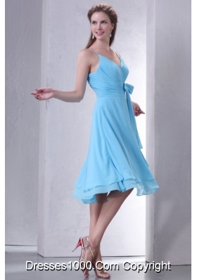 Aqua Blue Spaghetti Straps Knee-length Prom Dress with Sash