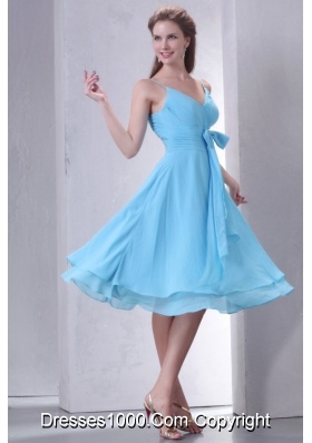 Aqua Blue Spaghetti Straps Knee-length Prom Dress with Sash