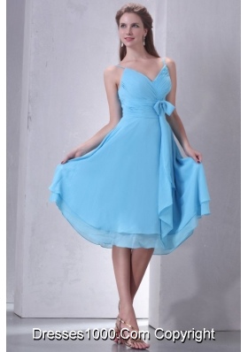 Aqua Blue Spaghetti Straps Knee-length Prom Dress with Sash