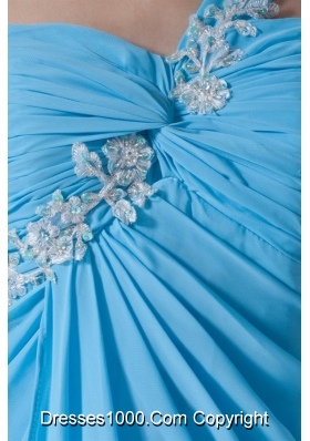 Chiffon Aqua Blue One Shoulder With Appliques Prom Dress