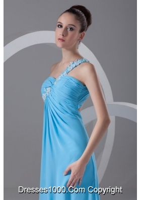 Chiffon Aqua Blue One Shoulder With Appliques Prom Dress