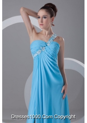 Chiffon Aqua Blue One Shoulder With Appliques Prom Dress