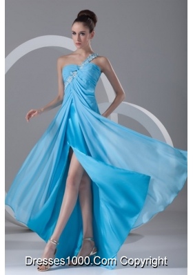 Chiffon Aqua Blue One Shoulder With Appliques Prom Dress
