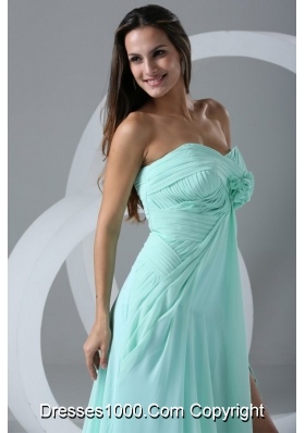 Aqua High Slit Sexy Prom Dress with Flowers and Ruching