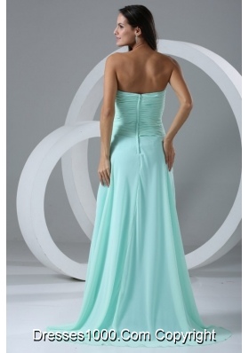 Aqua High Slit Sexy Prom Dress with Flowers and Ruching