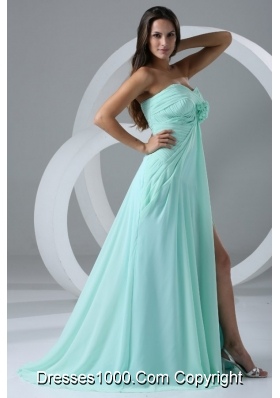 Aqua High Slit Sexy Prom Dress with Flowers and Ruching