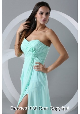 Aqua High Slit Sexy Prom Dress with Flowers and Ruching