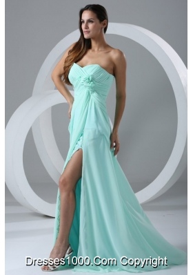 Aqua High Slit Sexy Prom Dress with Flowers and Ruching