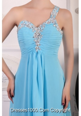 Aqua Blue One Shoulder Empire Chiffon Beading Decorated Prom Dress