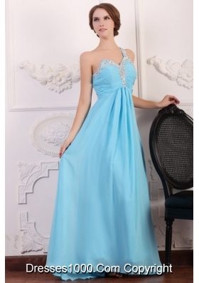 Aqua Blue One Shoulder Empire Chiffon Beading Decorated Prom Dress