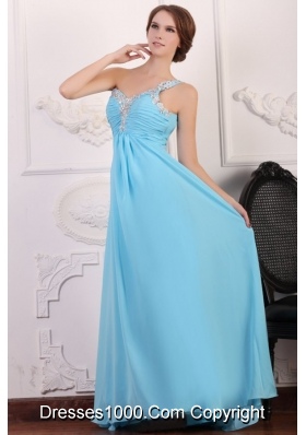 Aqua Blue One Shoulder Empire Chiffon Beading Decorated Prom Dress