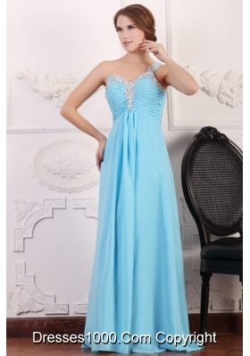 Aqua Blue One Shoulder Empire Chiffon Beading Decorated Prom Dress