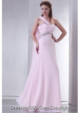 Sweet Baby Pink One Shoulder Beaded Decorate Chiffon Prom Dress