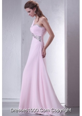 Sweet Baby Pink One Shoulder Beaded Decorate Chiffon Prom Dress