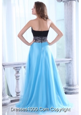 Black and Aqua Blue Prom Dress With Beading Decorated Waist