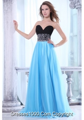 Black and Aqua Blue Prom Dress With Beading Decorated Waist