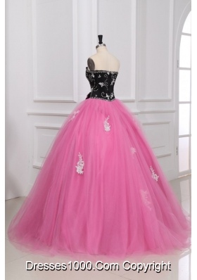 Black and Rose Pink Beading and Appliques Quinceanera Dress