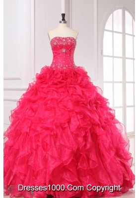 Coral Red Beading and Ruffles Strapless Organza Quinceanera Dress