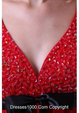 Red Beading Ankle-length V-neck Chiffon Prom Dress For Girls