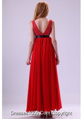 Red Beading Ankle-length V-neck Chiffon Prom Dress For Girls