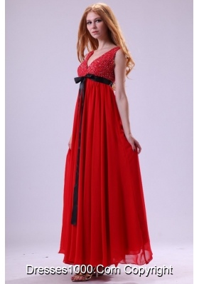 Red Beading Ankle-length V-neck Chiffon Prom Dress For Girls