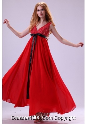 Red Beading Ankle-length V-neck Chiffon Prom Dress For Girls