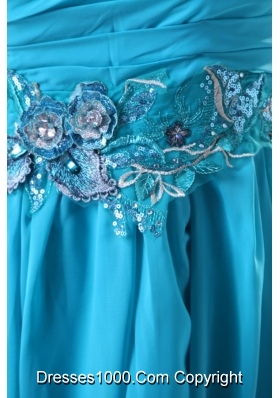 Blue Empire Appliques One Shoulder Beading Chiffon Prom Dress