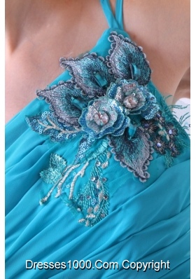 Blue Empire Appliques One Shoulder Beading Chiffon Prom Dress