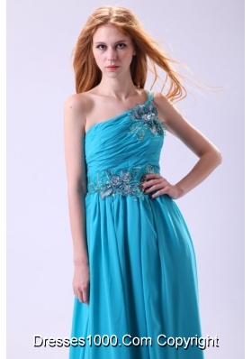 Blue Empire Appliques One Shoulder Beading Chiffon Prom Dress