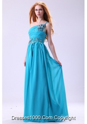 Blue Empire Appliques One Shoulder Beading Chiffon Prom Dress