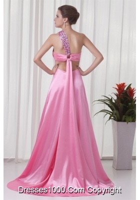 Pretty One Shoulder Brush Train Pink Prom Evening Dress